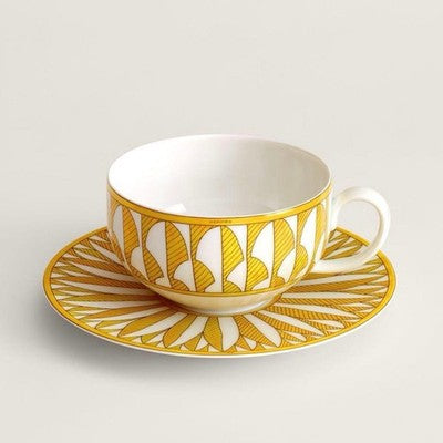 HERMES SOLEIL D'HERMES TEACUP & SAUCER SET OF 2 PORCELAIN NEW IN BOX FRANCE