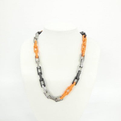 LOUIS VUITTON MONOGRAM CHAIN NECKLACE MP3142 BLACK ORANGE SILVER COLOR 54CM