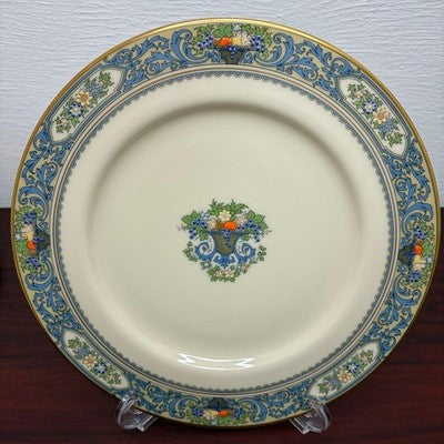 LENOX AUTUMN DINNER PLATES 27CM SET OF 6 IVORY BLUE GOLD TRIM USA MADE VINTAGE