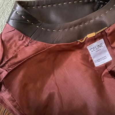 CELINE LAMBSKIN COLLARLESS LEATHER JACKET BROWN WOMEN VINTAGE EXCELLENT CLEAN OK