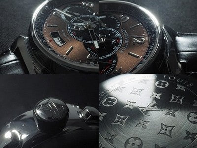 LOUIS VUITTON TAMBOUR VOYAGE CHRONOGRAPH Q102A BROWN BLACK WRISTWATCH AUTHENTIC