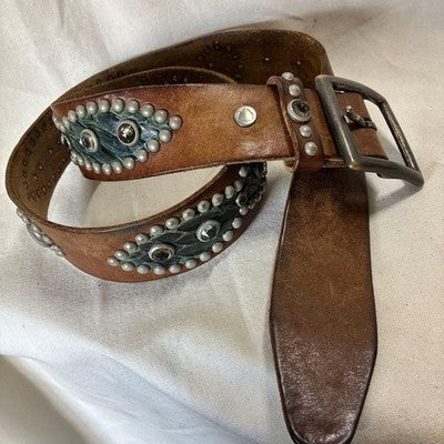 HOLLYWOOD TRADING COMPANY BLUE PYTHON PEANUT STUDS LEATHER BELT BROWN VINTAGE JP