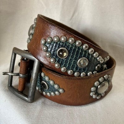HOLLYWOOD TRADING COMPANY BLUE PYTHON PEANUT STUDS LEATHER BELT BROWN VINTAGE JP