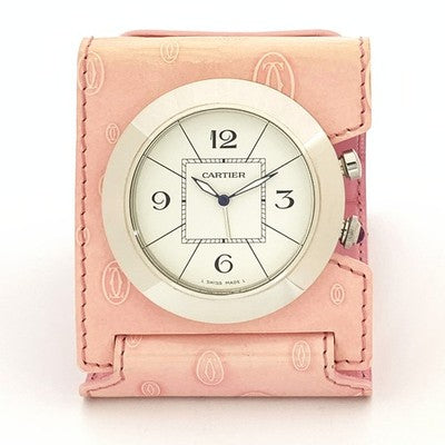 CARTIER PASHA TRAVEL CLOCK ALARM W0100072 STAINLESS STEEL LEATHER PINK CASE