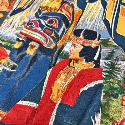 HERMES SCARF TSITSIKA BY KERMIT OLIVER 90 CM BROWN CARRE NATIVE KACHINA SILK