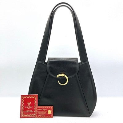 CARTIER PANTHERE BLACK LEATHER SHOULDER BAG GOLD HARDWARE AUTHENTIC JAPAN