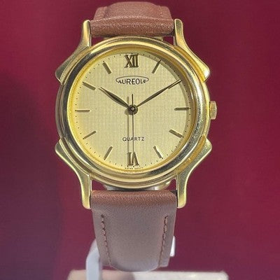 AUREOLE QUARTZ MEN'S WRISTWATCH 90S VINTAGE ROUND FACE LEATHER STRAP BAMBI