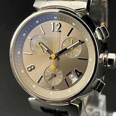 LOUIS VUITTON TAMBOUR CHRONOGRAPH Q1322 QUARTZ GOLD DIAL LEATHER LADY'S WATCH