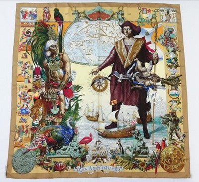 HERMES CARRE 90 LES AMERIQUES COLOMBUS SILK SCARF BROWN INDIAN