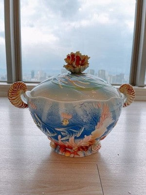 FRANZ COLLECTION BY THE SEA SOUP BOWL CANDY BOX COVERED PORCELAIN BOWL BOX