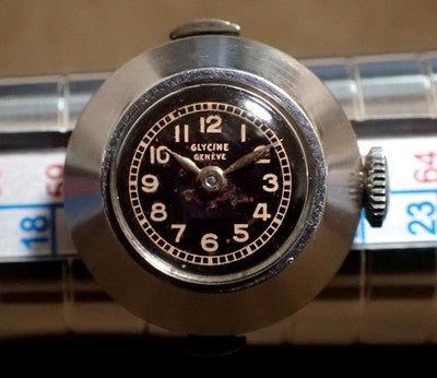 GLYCINE STAINLESS STEEL BLACK DIAL SILVER RING WATCH WORKING 1940'S