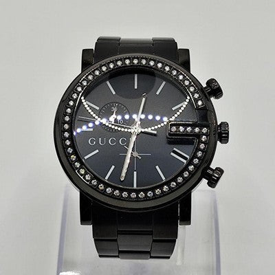 GUCCI 101M ROUND CHRONOGRAPH DIAMOND BEZEL QUARTZ WATCH BLACK BUCKLE