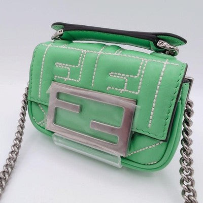 FENDI ZUCCA NANO BAGUETTE LEATHER SHOULDER BAG GREEN NEAR MINT