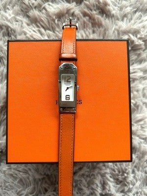 HERMES KELLY II DOUBLE TOUR KT1.210 ORANGE LEATHER WOMEN'S WATCH SILVER HARDWARE