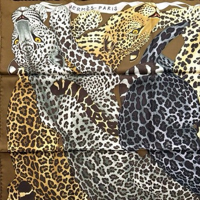 HERMES LAZY LEOPARDESSES CARRE 90 SILK SCARF LEOPARD PRINT NEW UNUSED AUTHENTIC