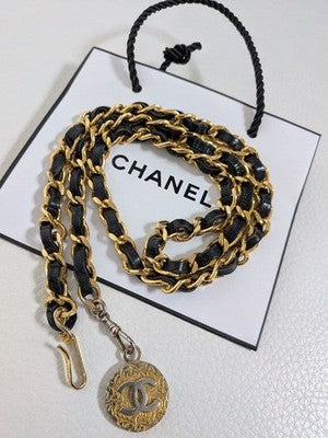CHANEL VINTAGE GOLD BLACK CHAIN BELT LEATHER METAL WOMEN'S AUTHENTIC USED BAG
