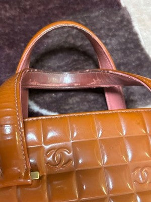 CHANEL CHOCOLATE BAR PATENT LEATHER TOTE BAG COCO MARK BROWN AUTHENTIC