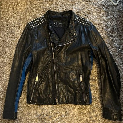 DSQUARED2 SIZE 46 STUDDED LEATHER RIDER JACKET MADE ROMANIA COWHIDE BLACK BIKER