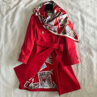 CELINE RED COTTON TRENCH COAT BELT SCARF HANGER SET SIZE S FRANCE MADE