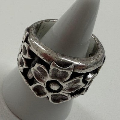 BILL WALL LEATHER CHERRY BLOSSOM RING US 10 SILVER FLORAL DESIGN GUARANTEE CARD