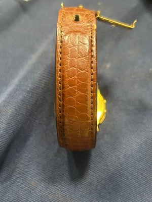 JUNGHANS MEGA ANALOG MEN'S WRISTWATCH ROUND FACE GERMAN MADE LEATHER COLOR: GOLD