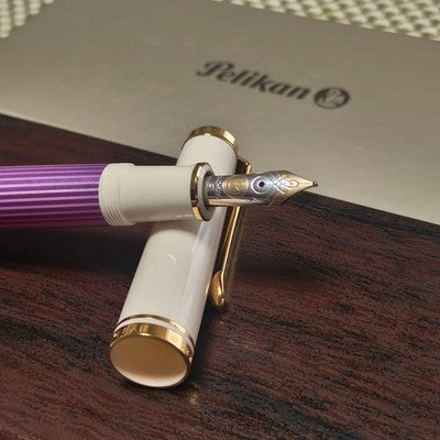 PELIKAN SOUVERAN M600 FOUNTAIN PEN WHITE VIOLET STRIPPED 14K FINE NIB W/BOX