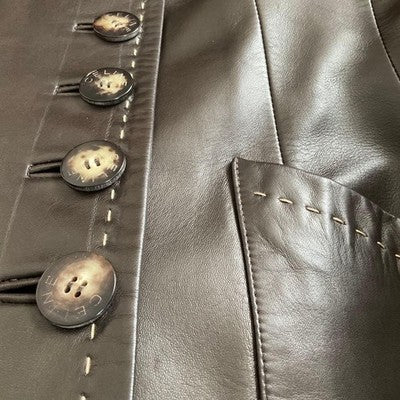 CELINE LAMBSKIN COLLARLESS LEATHER JACKET BROWN WOMEN VINTAGE EXCELLENT CLEAN OK