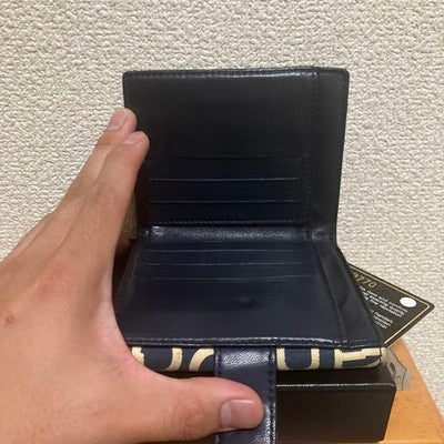 CHANEL 02P A18329X02175 LOGO PRINT BI-FOLD WALLET CANVAS LEATHER NAVY BEIGE