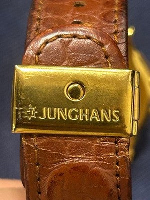 JUNGHANS MEGA ANALOG MEN'S WRISTWATCH ROUND FACE GERMAN MADE LEATHER COLOR: GOLD