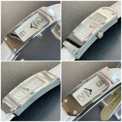 HERMES KELLY 2 KT1.230 QUARTZ WHITE SHELL 4P DIAMOND SILVER STEEL WATCH USED