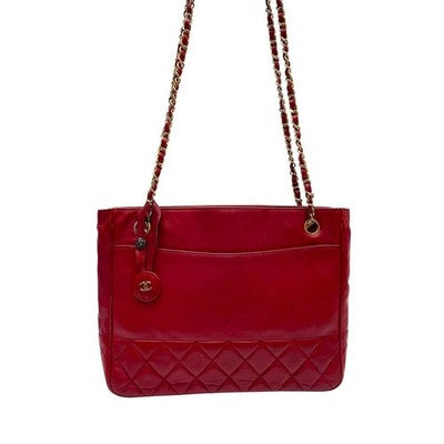 CHANEL MATELASSE LAMBSKIN CHAIN SHOULDER TOTE BAG RED QUILTED LEATHER COCO MARK