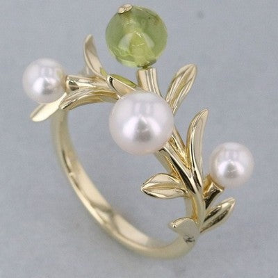 MIKIMOTO OLIVE PEARL RING 750 YELLOW GOLD LEAF MOTIF PEARL JEWELRY WITH BOX