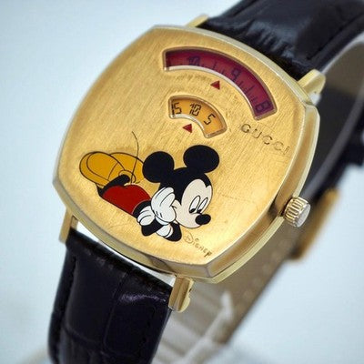 GUCCI DISNEY MICKEY MOUSE WATCH YA157420 BOYS SIZE GOLD DIAL BLACK BAND