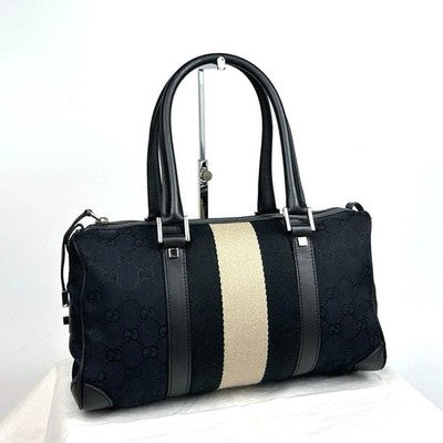GUCCI MINI BOSTON BAG SHERRY LINE GG CANVAS BLACK LEATHER HANDBAG