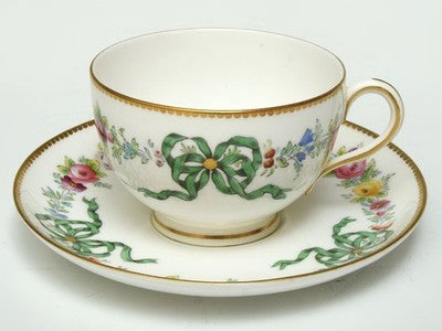 ROYAL WORCESTER TRIO SET, RIBBON FLORAL PATTERN, GOLD TRIM, 1909, CAKE PLATE