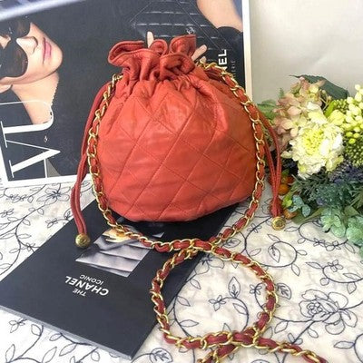 CHANEL MATELASSE LAMBSKIN DRAWSTRING CHAIN SHOULDER BAG RED QUILTED COCO MARK
