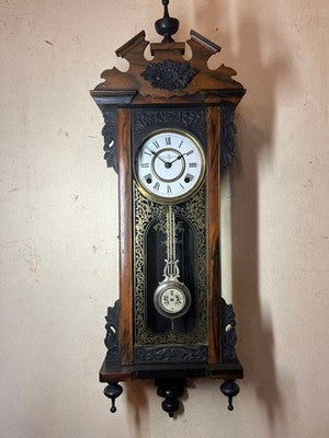 JUNGHANS ANTIQUE WALL CLOCK PENDULUM MECHANICAL CARVED WOOD BLACK PERSIMMON