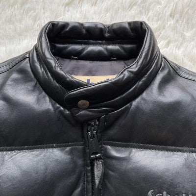 AUTH SCHOTT MEN'S ZIPPER DOWN JACKET LEATHER LOGO SIZE 40 BLACK VINTAGE