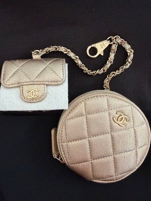 CHANEL METALLIC GOLD QUILTED LAMBSKIN ROUND & MINI FLAP AIRPOD DUAL BAG SET