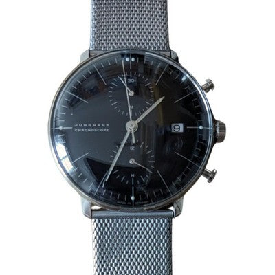 JUNGHANS MAX BILL CHRONOSCOPE ROUND FACE GERMAN MADE MESH BRACELET BLACK DIAL