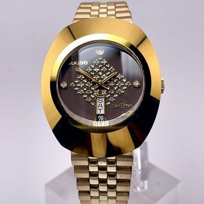 RADO DIASTAR 636.0013.3 AUTOMATIC GOLD CASE BROWN DIAL DIAMOND INDEX 35MM WATCH