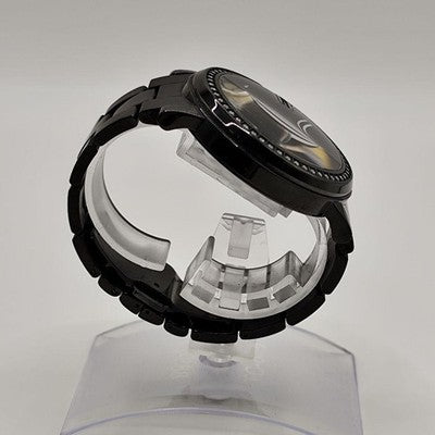 GUCCI 101M ROUND CHRONOGRAPH DIAMOND BEZEL QUARTZ WATCH BLACK BUCKLE