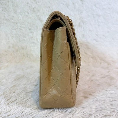 CHANEL MATELASSE LAMBSKIN BEIGE SHOULDER BAG TURN LOCK W FLAP AUTH CARD VTG