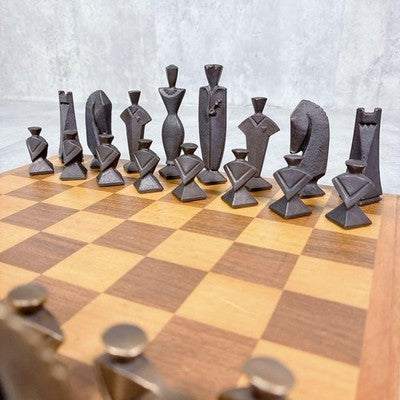 S488 BRONZE CHESS SET HANDMADE WOODEN CHESSBOARD STORAGE BOX ANTIQUE RETRO AS IS
