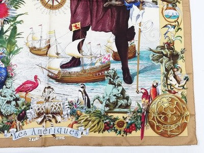 HERMES CARRE 90 LES AMERIQUES COLOMBUS SILK SCARF BROWN INDIAN