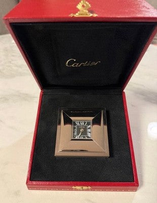 CARTIER TRAVEL CLOCK QUARTZ SQUARE BLACK DIAL DESK TABLE CLOCK W/BOX