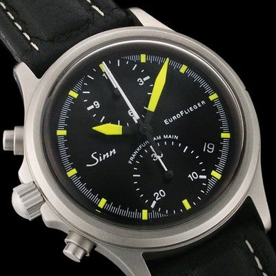 SINN 356 EURO FLIEGER CHRONOGRAPH AUTO BLACK DIAL W/ LEATHER STRAP PILOT WATCH