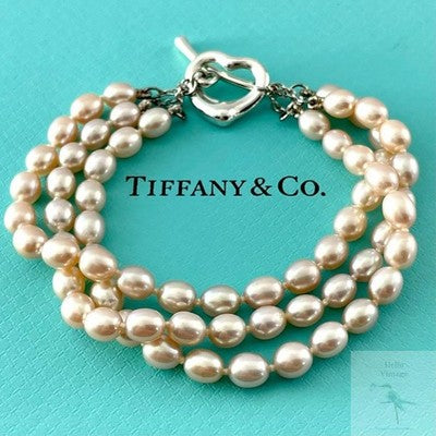 TIFFANY OPEN HEART PEARL TRIPLE STRAND BRACELET SILVER 925 TOGGLE CLASP