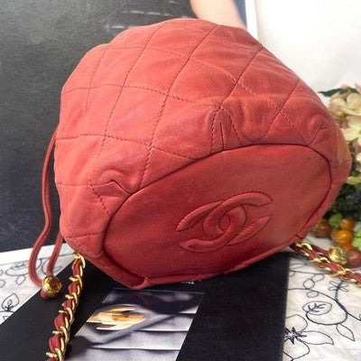 CHANEL MATELASSE LAMBSKIN DRAWSTRING CHAIN SHOULDER BAG RED QUILTED COCO MARK