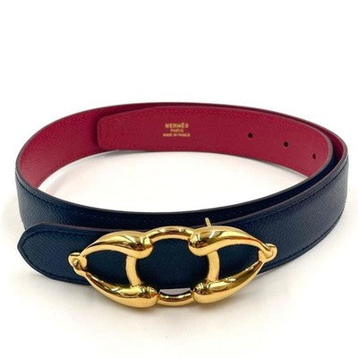 HERMES HORSEBIT REVERSIBLE LEATHER BELT SIZE 70 NAVY RED GOLD BUCKLE BOX